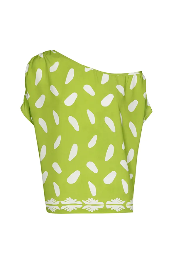 LIME GREEN PRINT LOOSE OFF-SHOULDER TOP