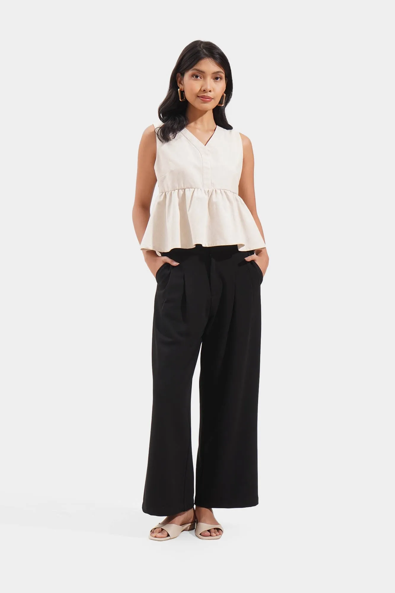 Linen Peplum Top With Button Accent