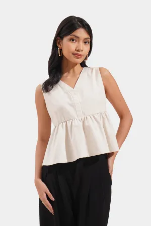 Linen Peplum Top With Button Accent