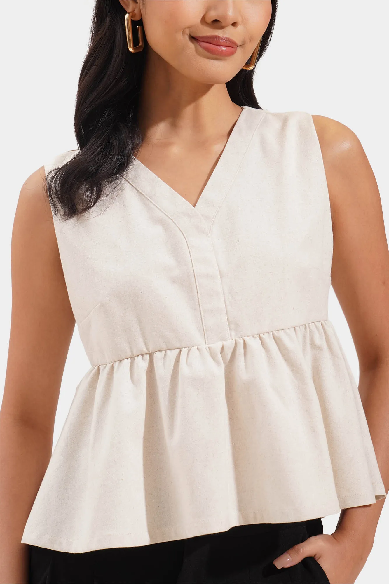 Linen Peplum Top With Button Accent