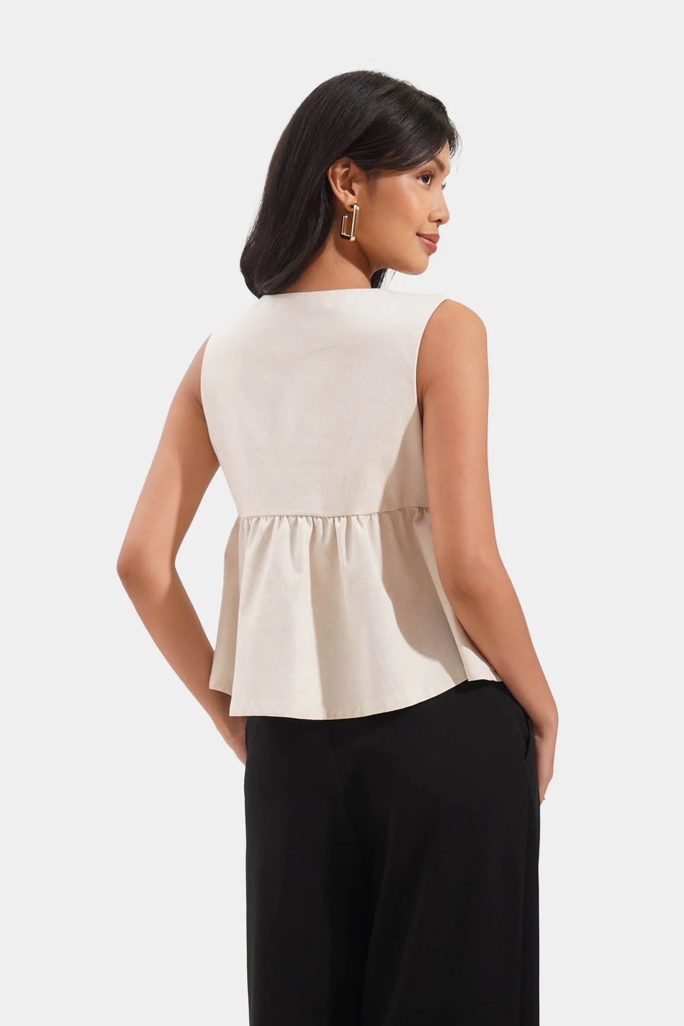 Linen Peplum Top With Button Accent