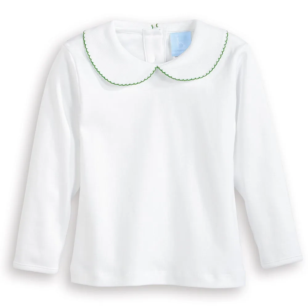 Long Sleeve Pima Peter Pan Tee -- White w/ Green