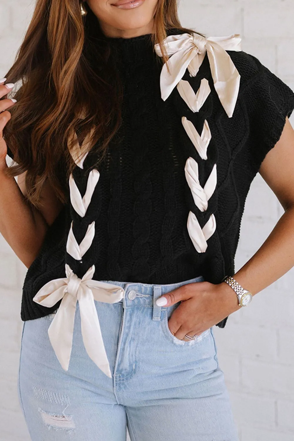 Luna Lace-Up Mock Neck Short Sleeve Sweater