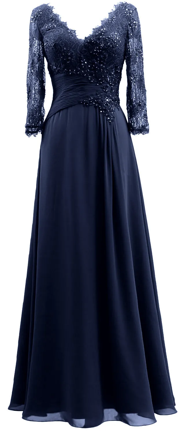 MACloth Women V Neck Long Mother of Bride Dresses 3/4 Sleeve Formal Evening Gown