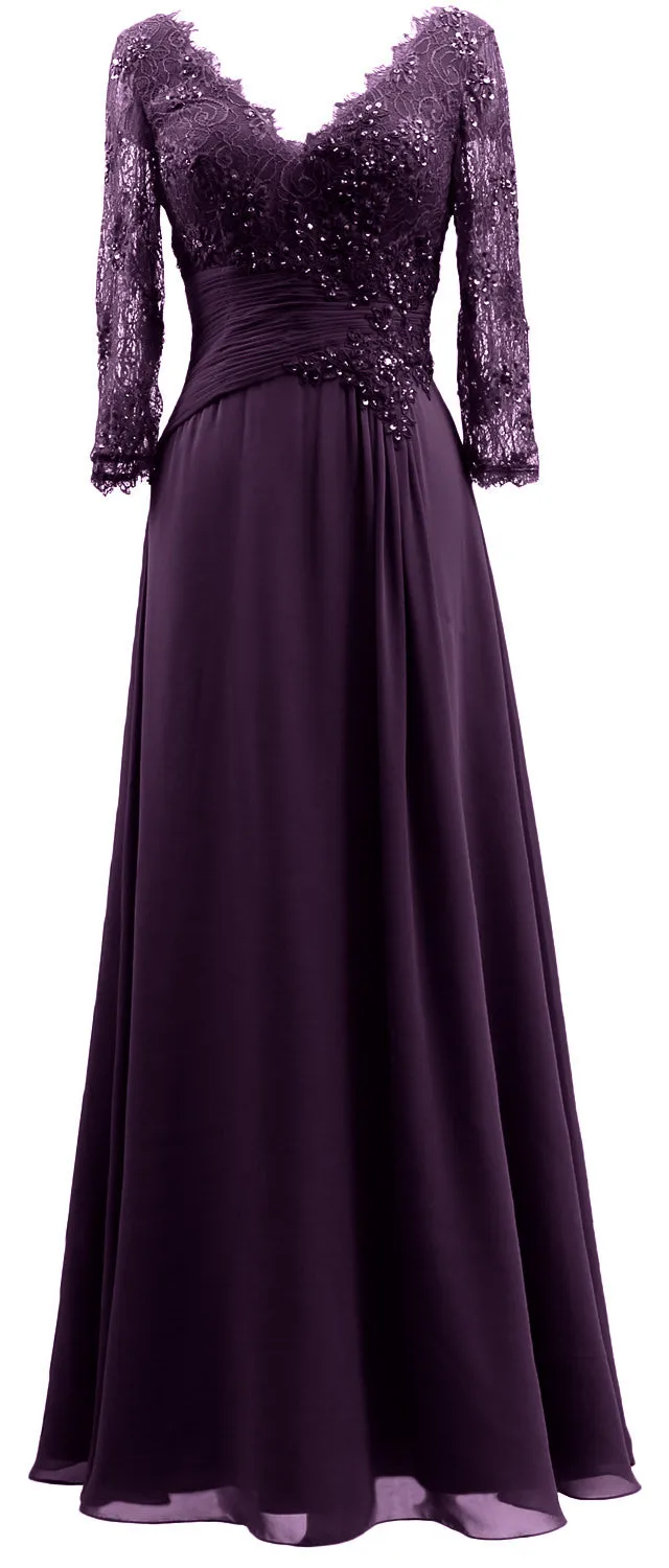 MACloth Women V Neck Long Mother of Bride Dresses 3/4 Sleeve Formal Evening Gown