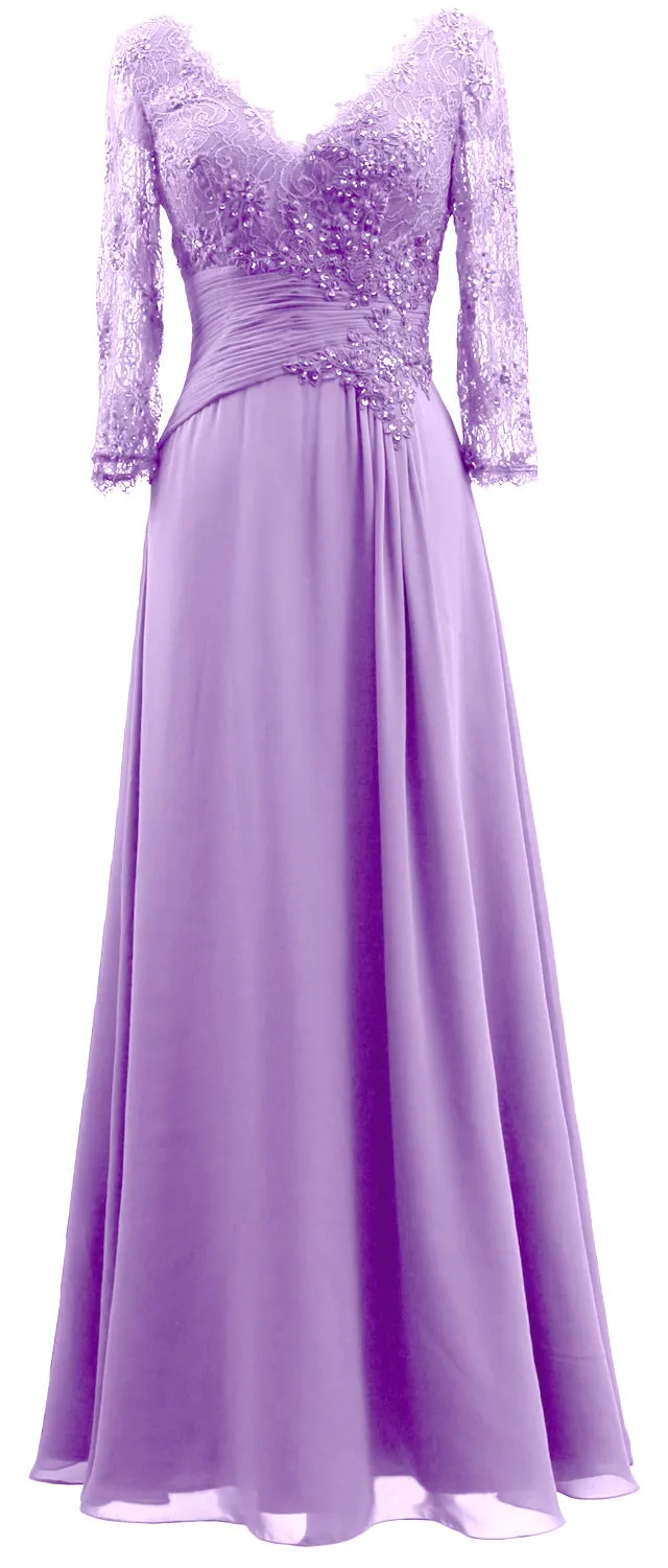 MACloth Women V Neck Long Mother of Bride Dresses 3/4 Sleeve Formal Evening Gown