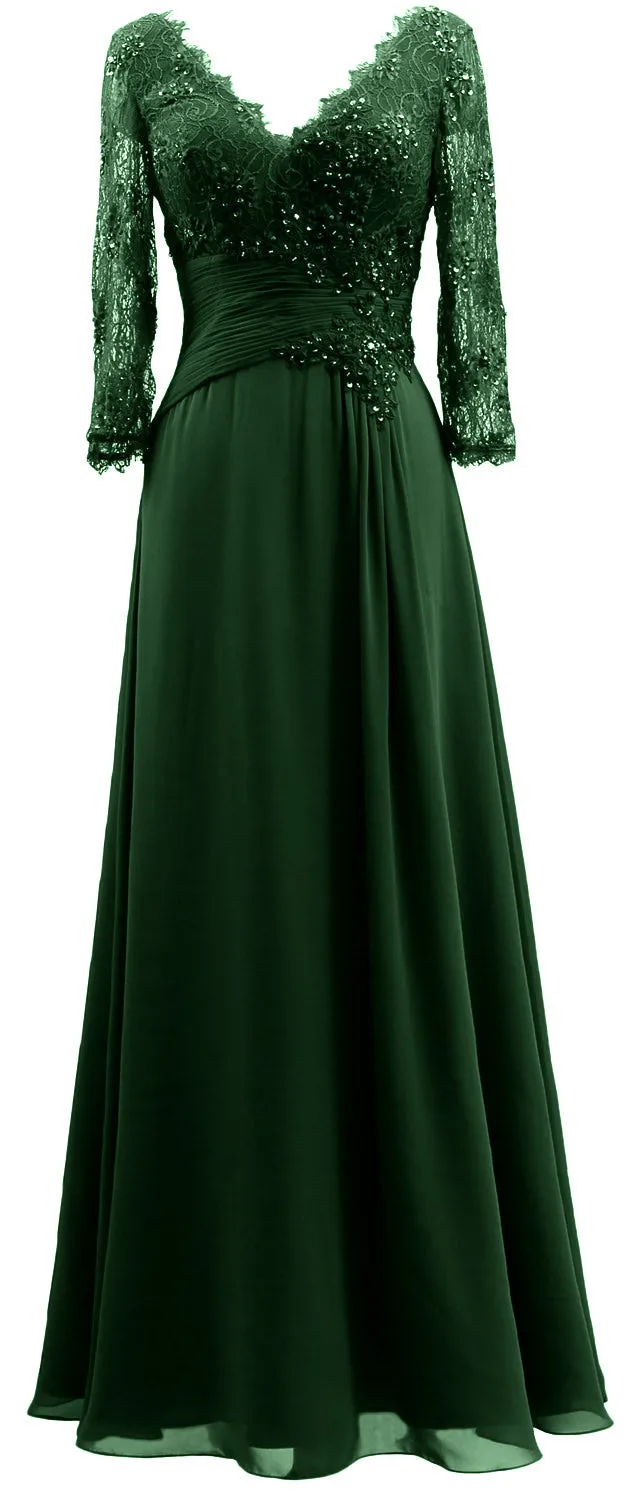 MACloth Women V Neck Long Mother of Bride Dresses 3/4 Sleeve Formal Evening Gown
