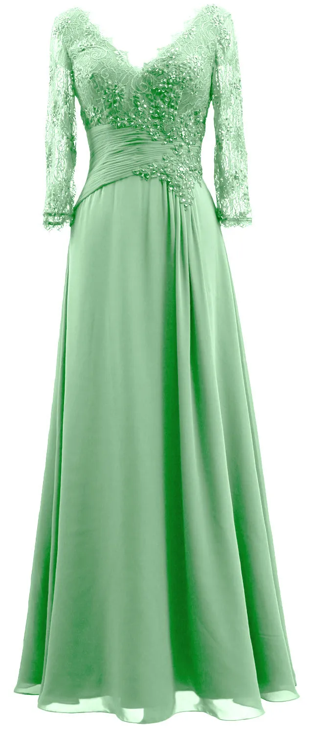 MACloth Women V Neck Long Mother of Bride Dresses 3/4 Sleeve Formal Evening Gown