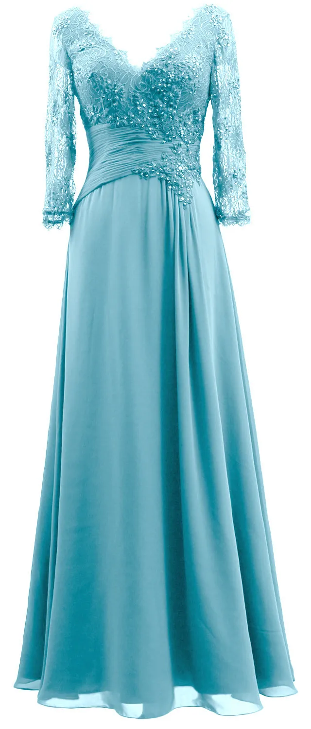 MACloth Women V Neck Long Mother of Bride Dresses 3/4 Sleeve Formal Evening Gown