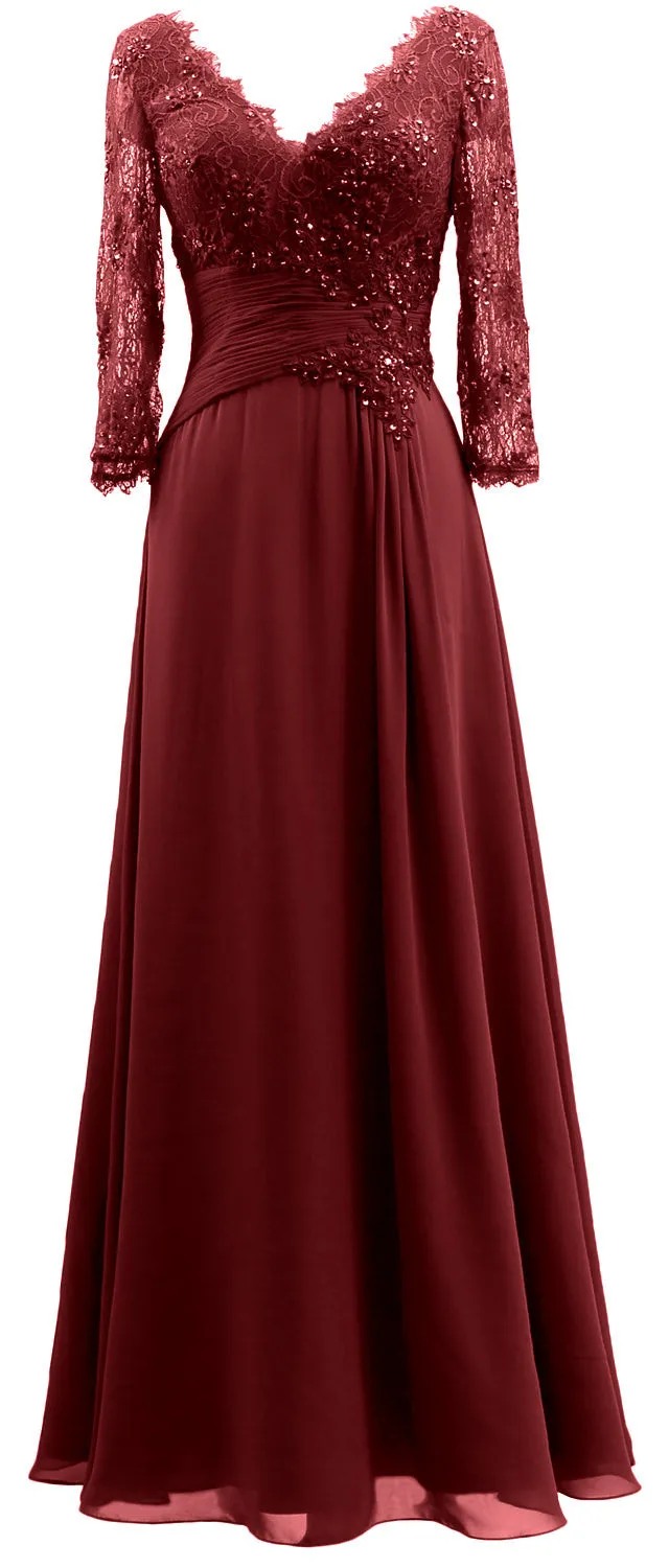 MACloth Women V Neck Long Mother of Bride Dresses 3/4 Sleeve Formal Evening Gown