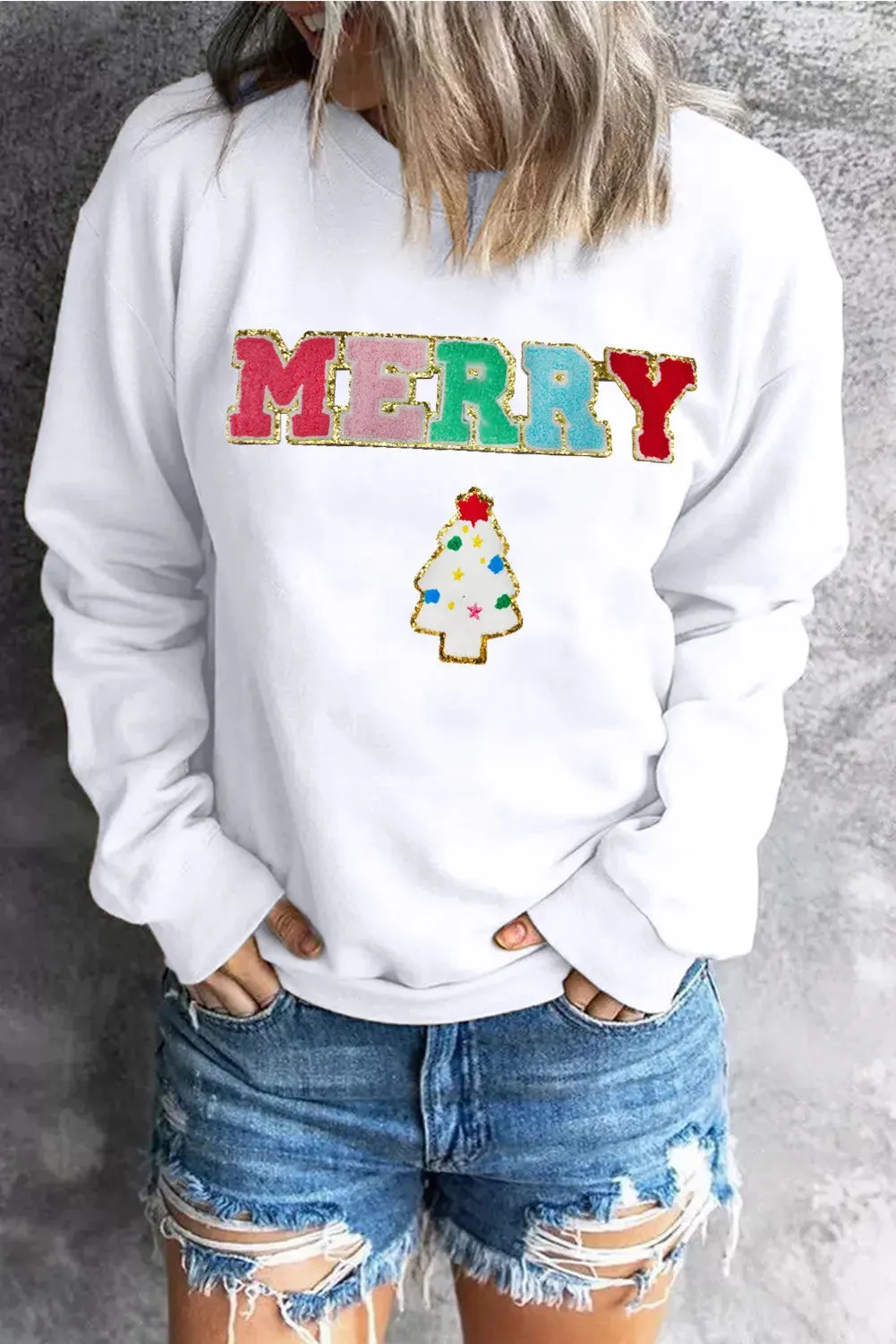 MERRY Whimsical Round Neck Long Sleeve Sweatshirt