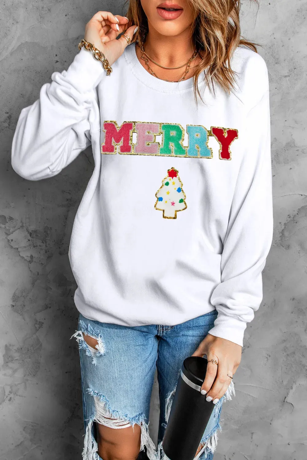 MERRY Whimsical Round Neck Long Sleeve Sweatshirt