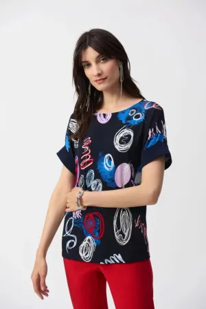 Midnight Blue/Multi Abstract Print Boxy Top Style 251132