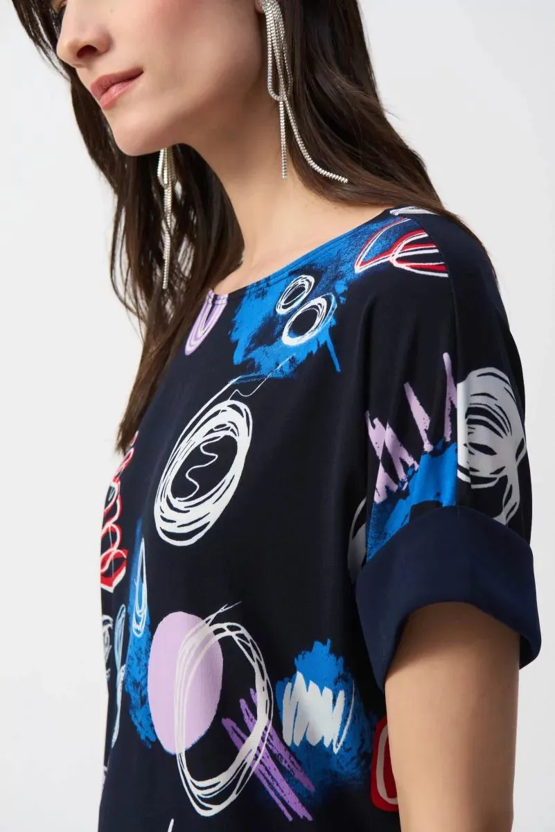 Midnight Blue/Multi Abstract Print Boxy Top Style 251132