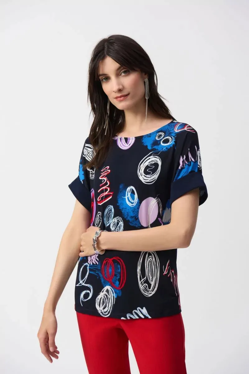 Midnight Blue/Multi Abstract Print Boxy Top Style 251132