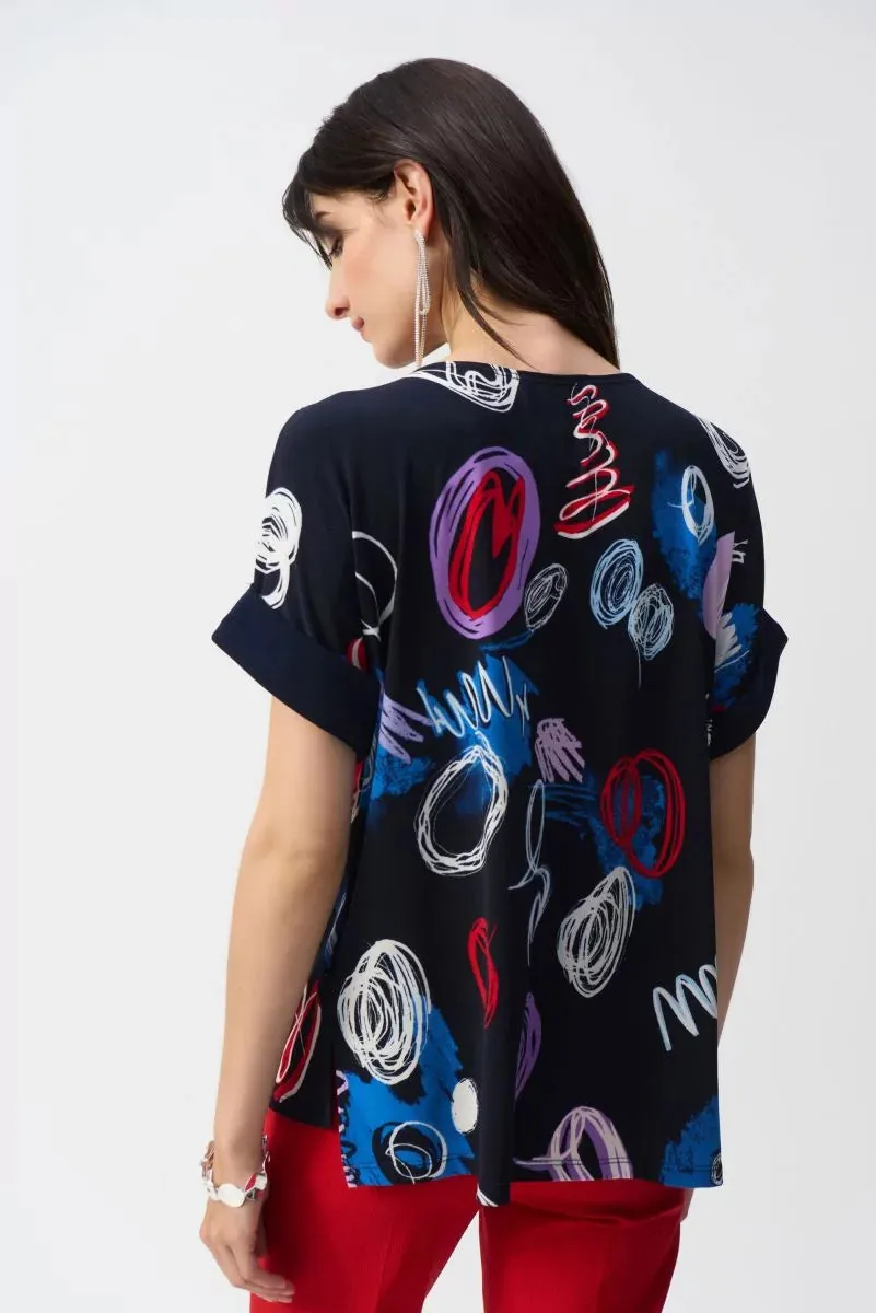 Midnight Blue/Multi Abstract Print Boxy Top Style 251132