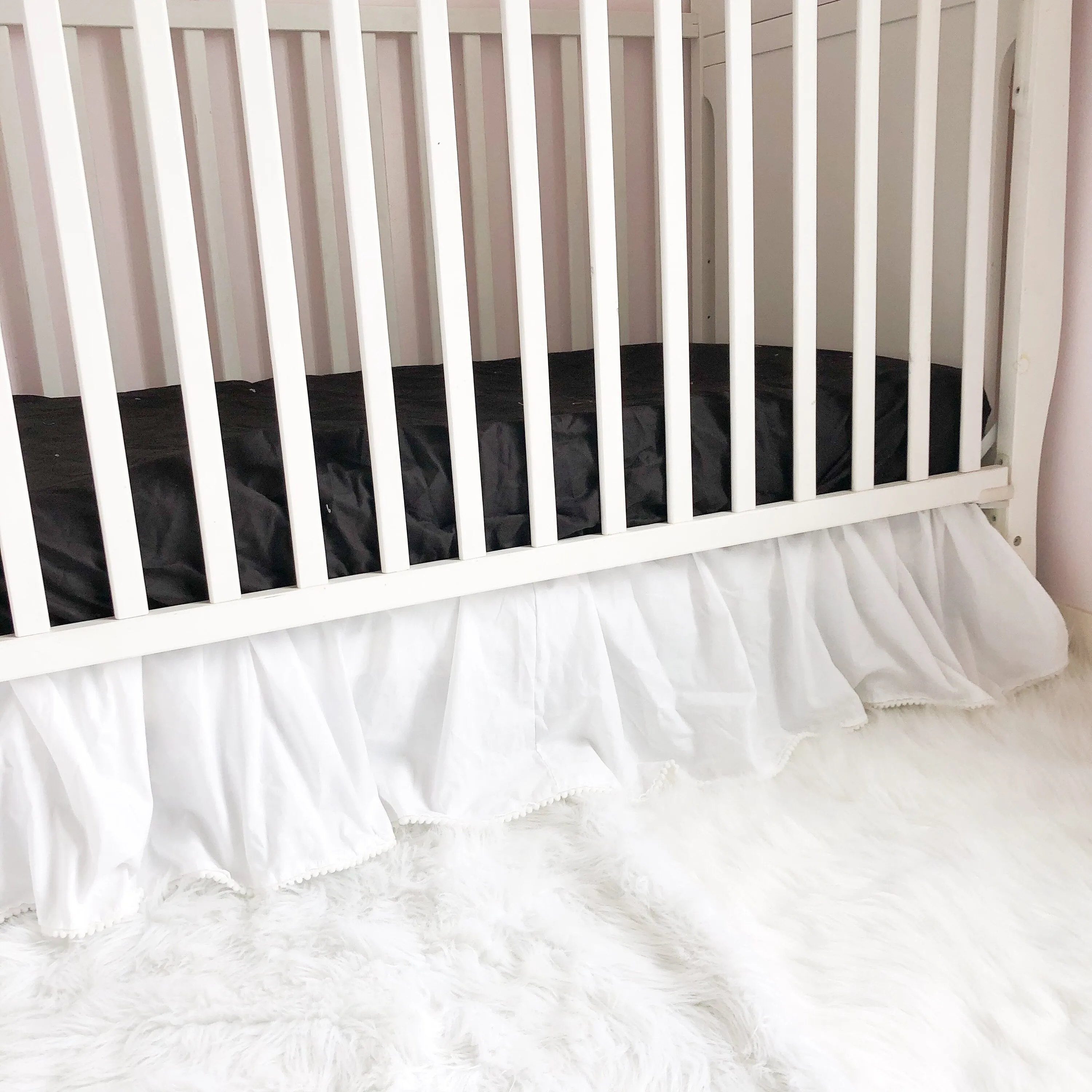 Mini Crib Skirt, Pom Crib Skirt, Dust Ruffle, Baby Girl Nursery Bedding