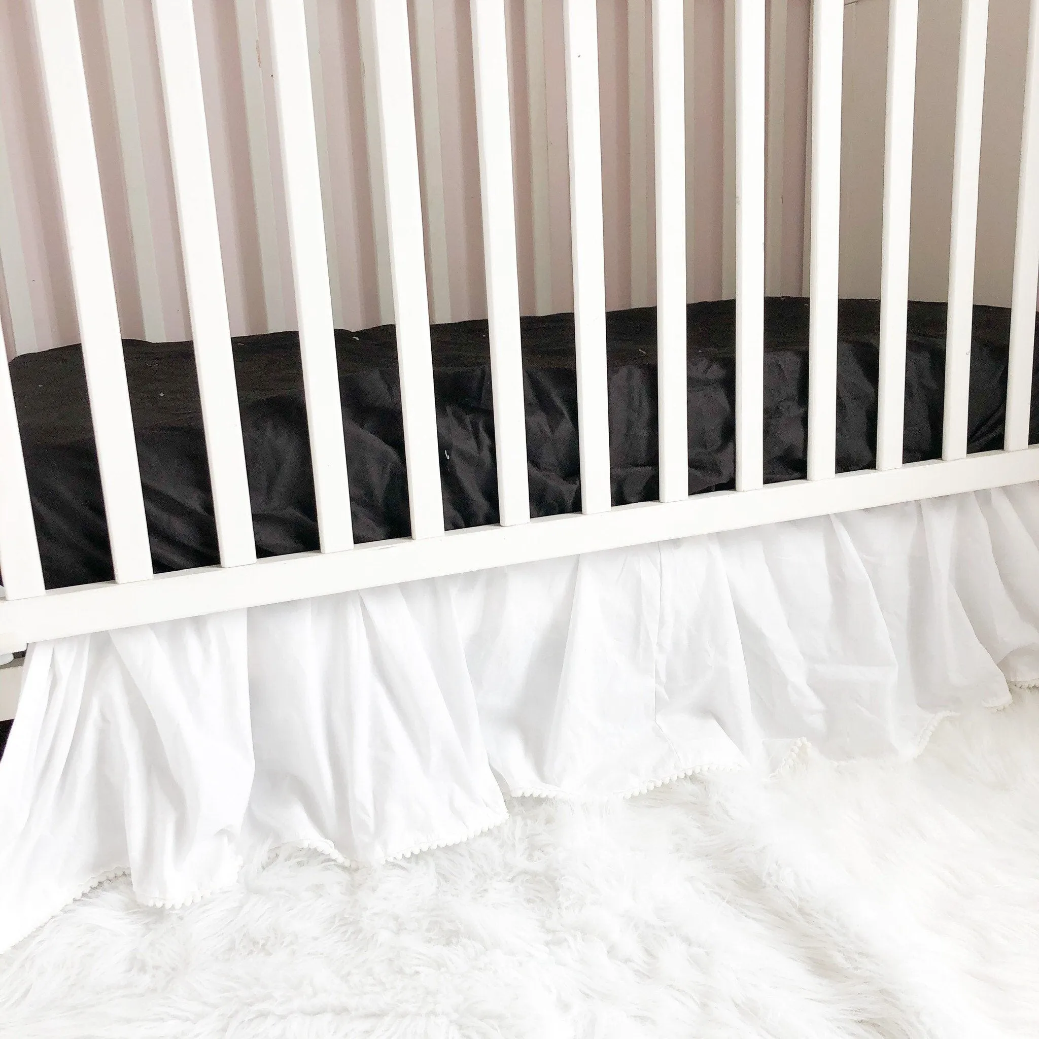 Mini Crib Skirt, Pom Crib Skirt, Dust Ruffle, Baby Girl Nursery Bedding
