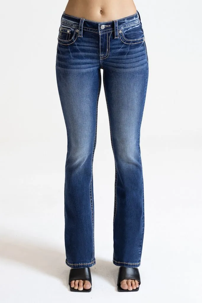 Miss Me Women's Dark Wash Mid Rise Floral Pocket Stretch Bootcut Jeans