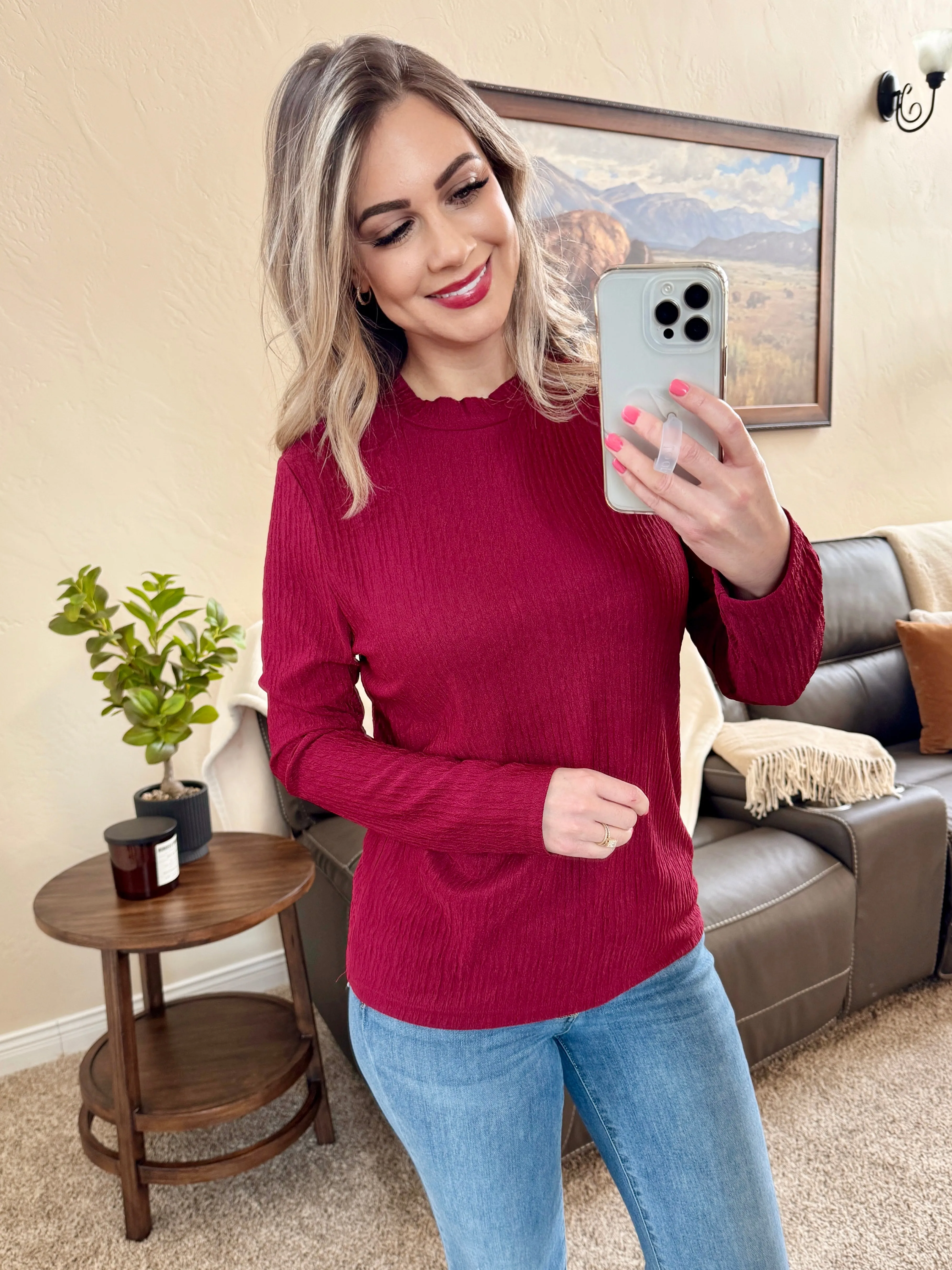 Mock Neck Crinkle Blouse In Burgundy