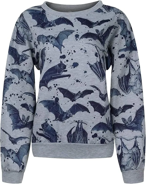 NEW Hot Hoodie Women O-neck Bat Print Plush Long Sleeve Tops Blouse Fashion Long Sleeve Tee, Blue/Grey, Sz L