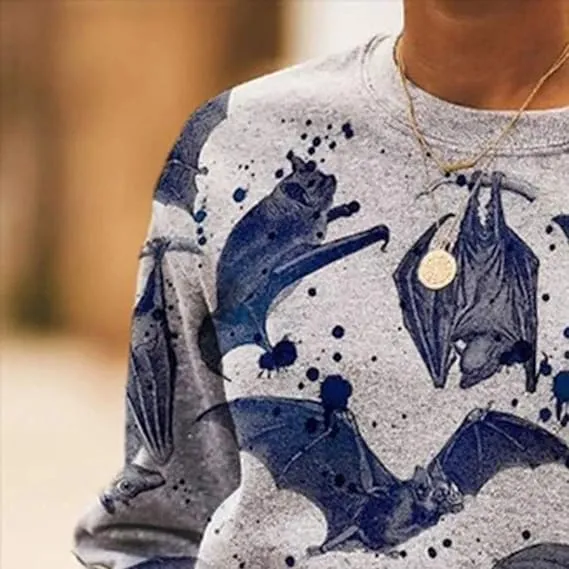 NEW Hot Hoodie Women O-neck Bat Print Plush Long Sleeve Tops Blouse Fashion Long Sleeve Tee, Blue/Grey, Sz L