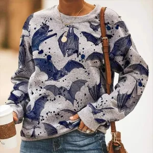 NEW Hot Hoodie Women O-neck Bat Print Plush Long Sleeve Tops Blouse Fashion Long Sleeve Tee, Blue/Grey, Sz L