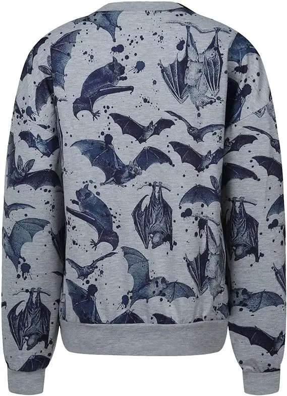 NEW Hot Hoodie Women O-neck Bat Print Plush Long Sleeve Tops Blouse Fashion Long Sleeve Tee, Blue/Grey, Sz L