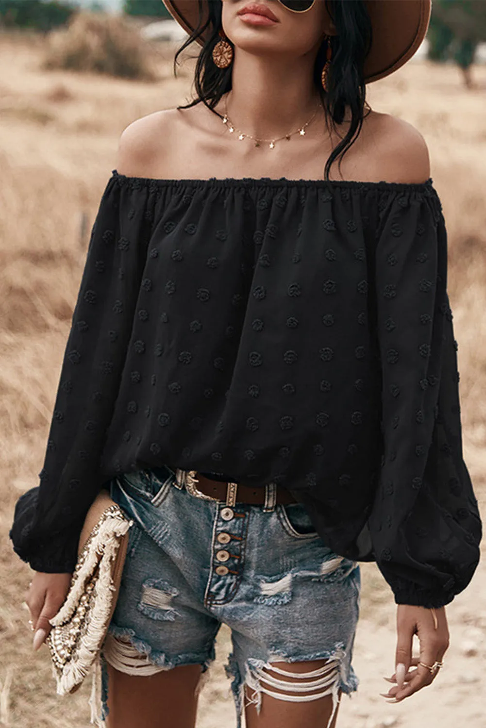 Off Shoulder Swiss Dot Blouse