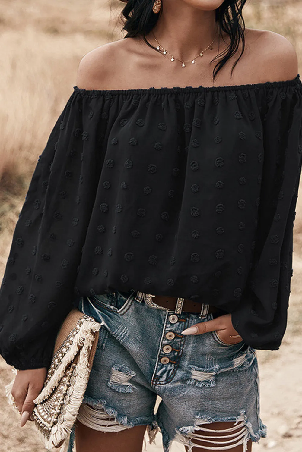 Off Shoulder Swiss Dot Blouse