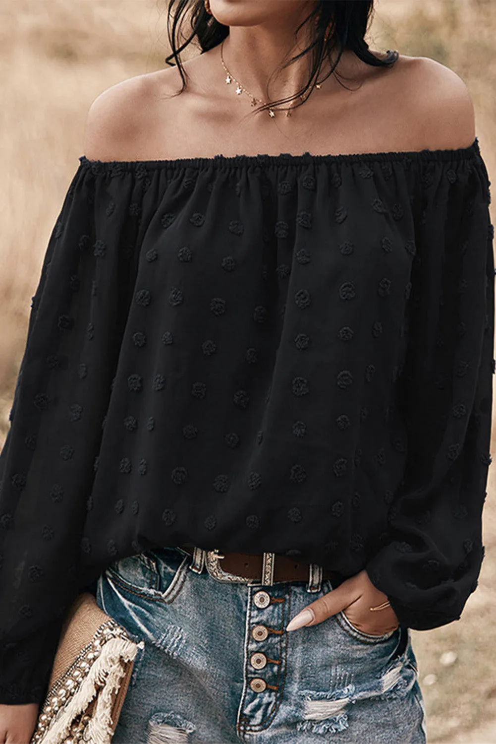 Off Shoulder Swiss Dot Blouse