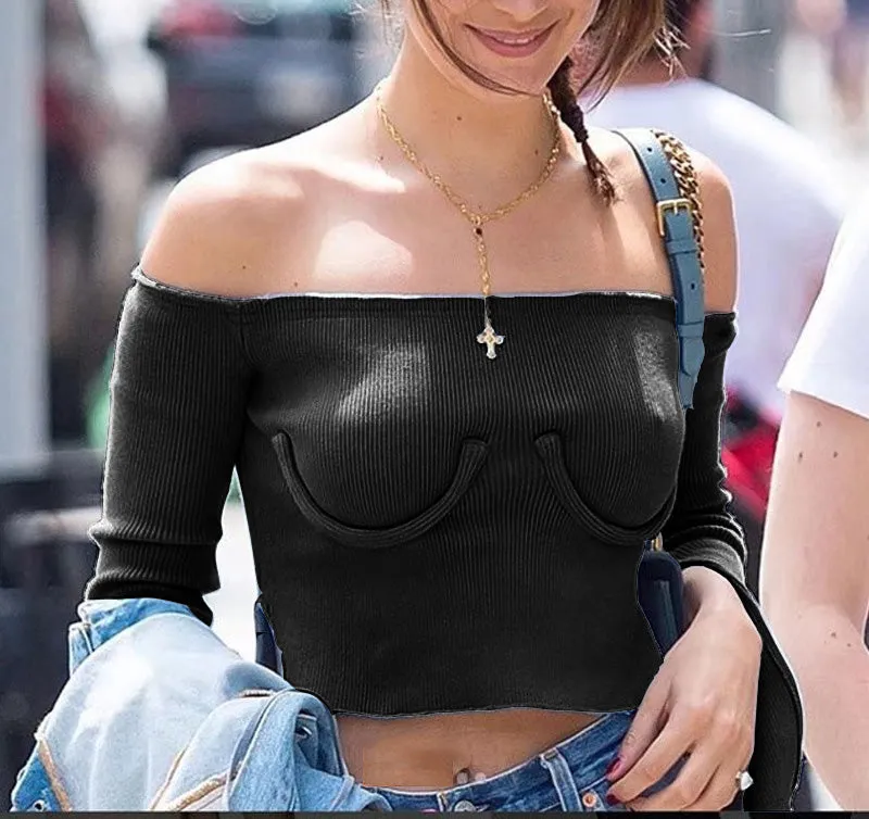 One-shoulder Collar Slim Long-sleeved T-shirt
