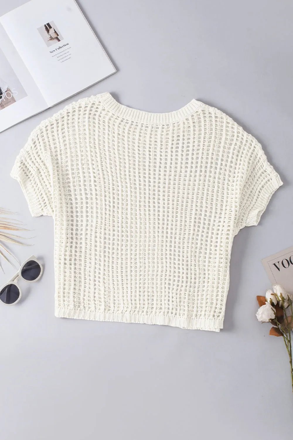 Openwork Round Neck Half Sleeve Knit Cover Up