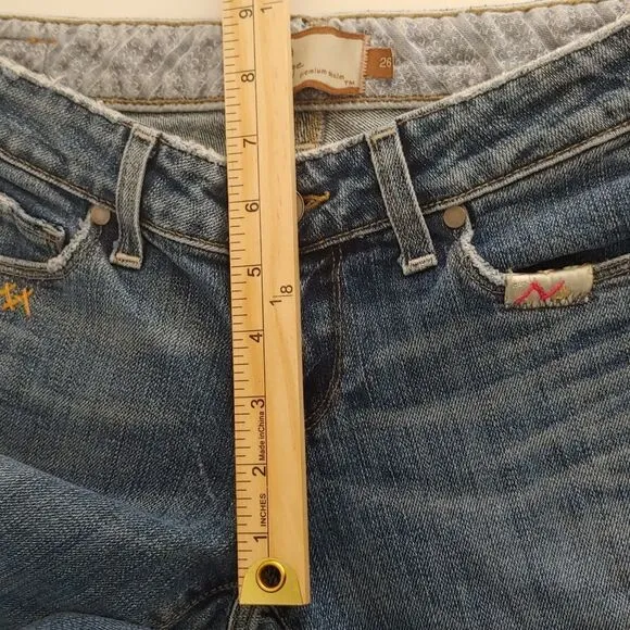PAIGE Premium Denim Women's Low Rise Bootcut Distressed Jeans w/ Patches Sz 26