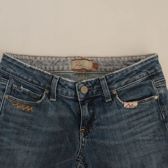 PAIGE Premium Denim Women's Low Rise Bootcut Distressed Jeans w/ Patches Sz 26