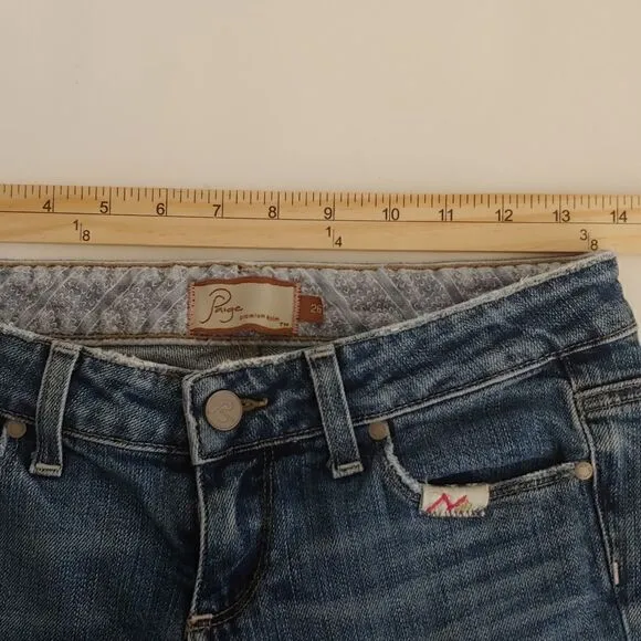 PAIGE Premium Denim Women's Low Rise Bootcut Distressed Jeans w/ Patches Sz 26