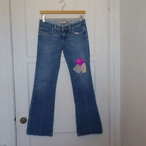 PAIGE Premium Denim Women's Low Rise Bootcut Distressed Jeans w/ Patches Sz 26