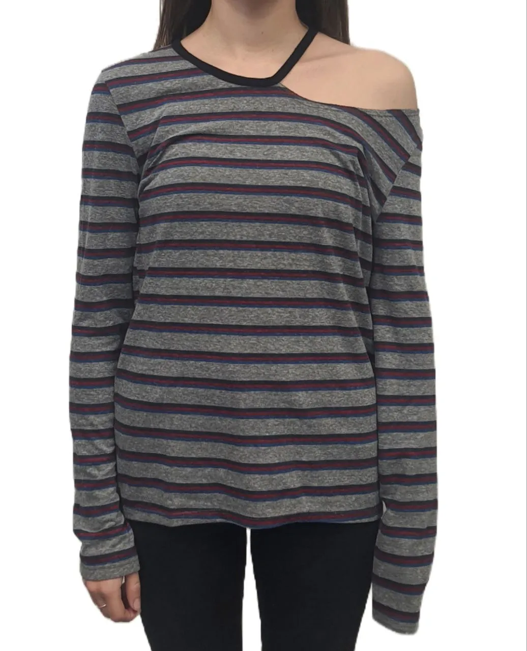 PAM & GELA Women's Grey Striped Cutout Neck Tee #PJ84531672 Petite X-Small NWT