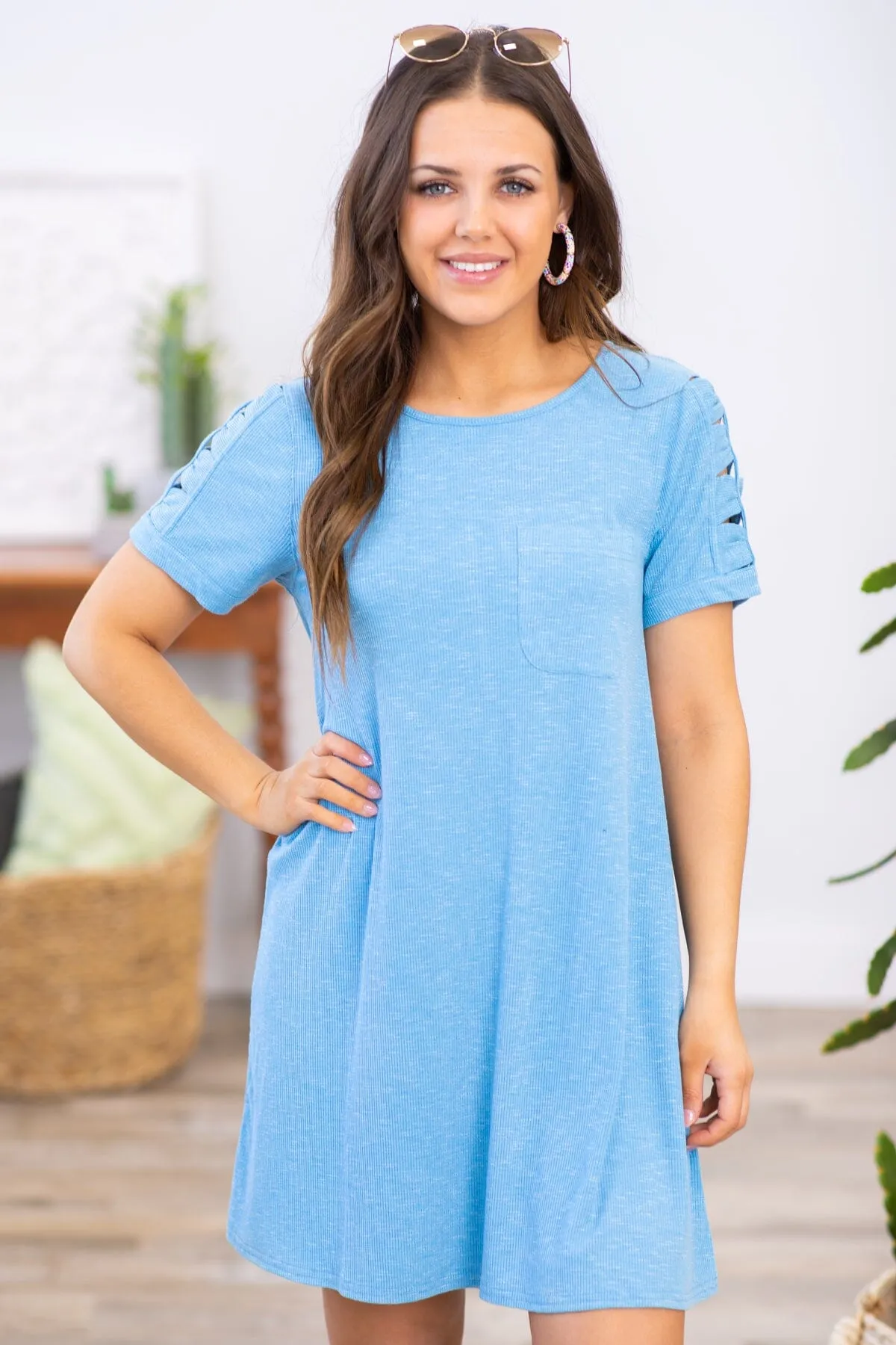 Pastel Blue Ladder Sleeve Knit T-Shirt Dress