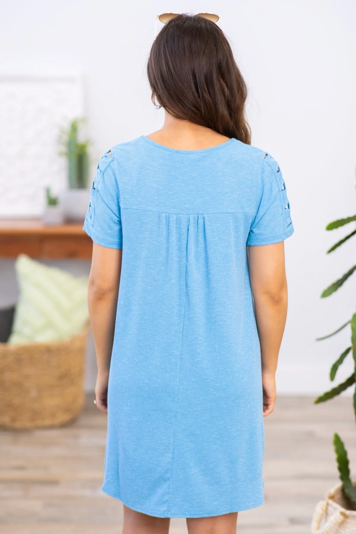 Pastel Blue Ladder Sleeve Knit T-Shirt Dress
