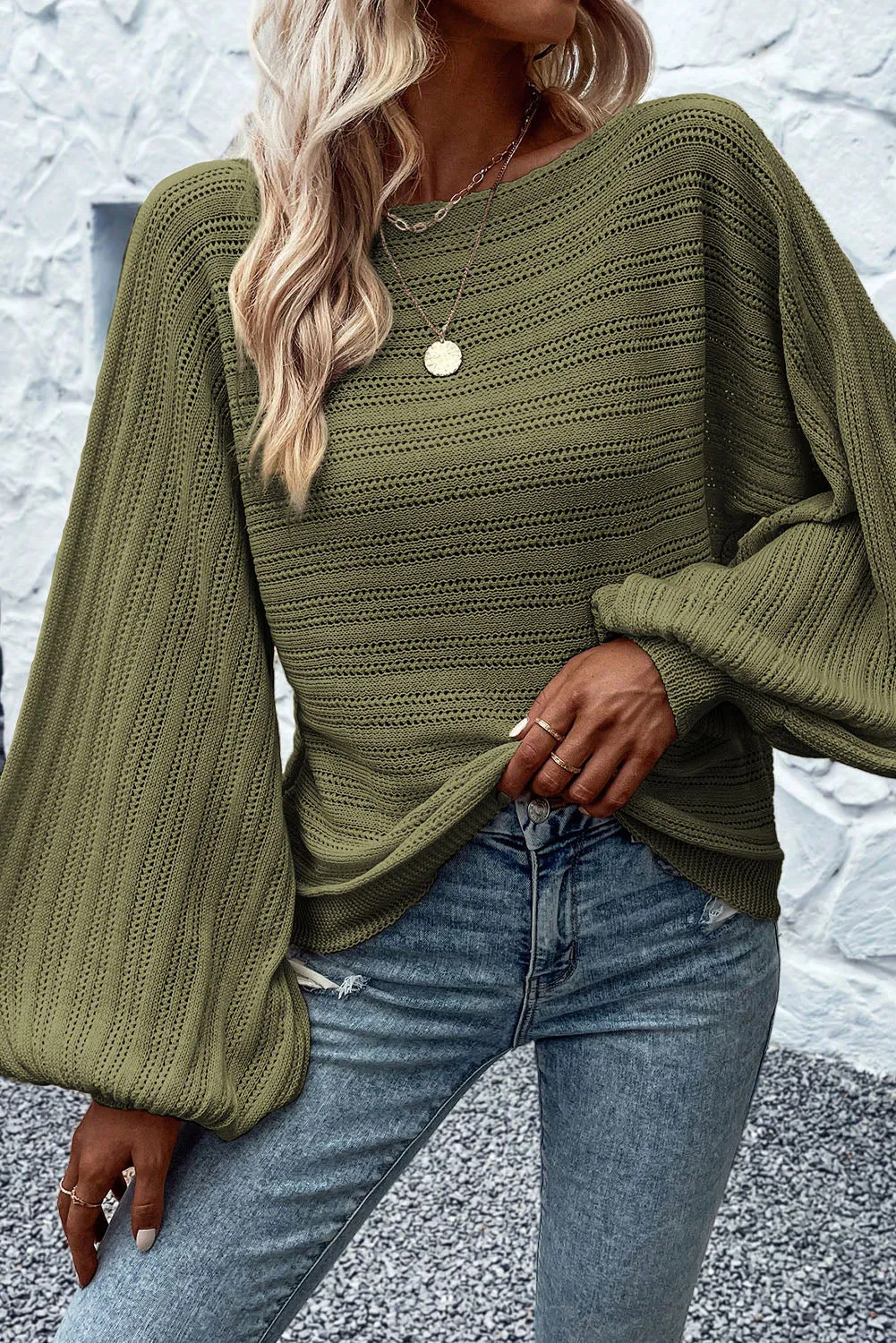 Pickle Green Apricot Lantern Sleeve Boat Neck Textured Knit Sweater