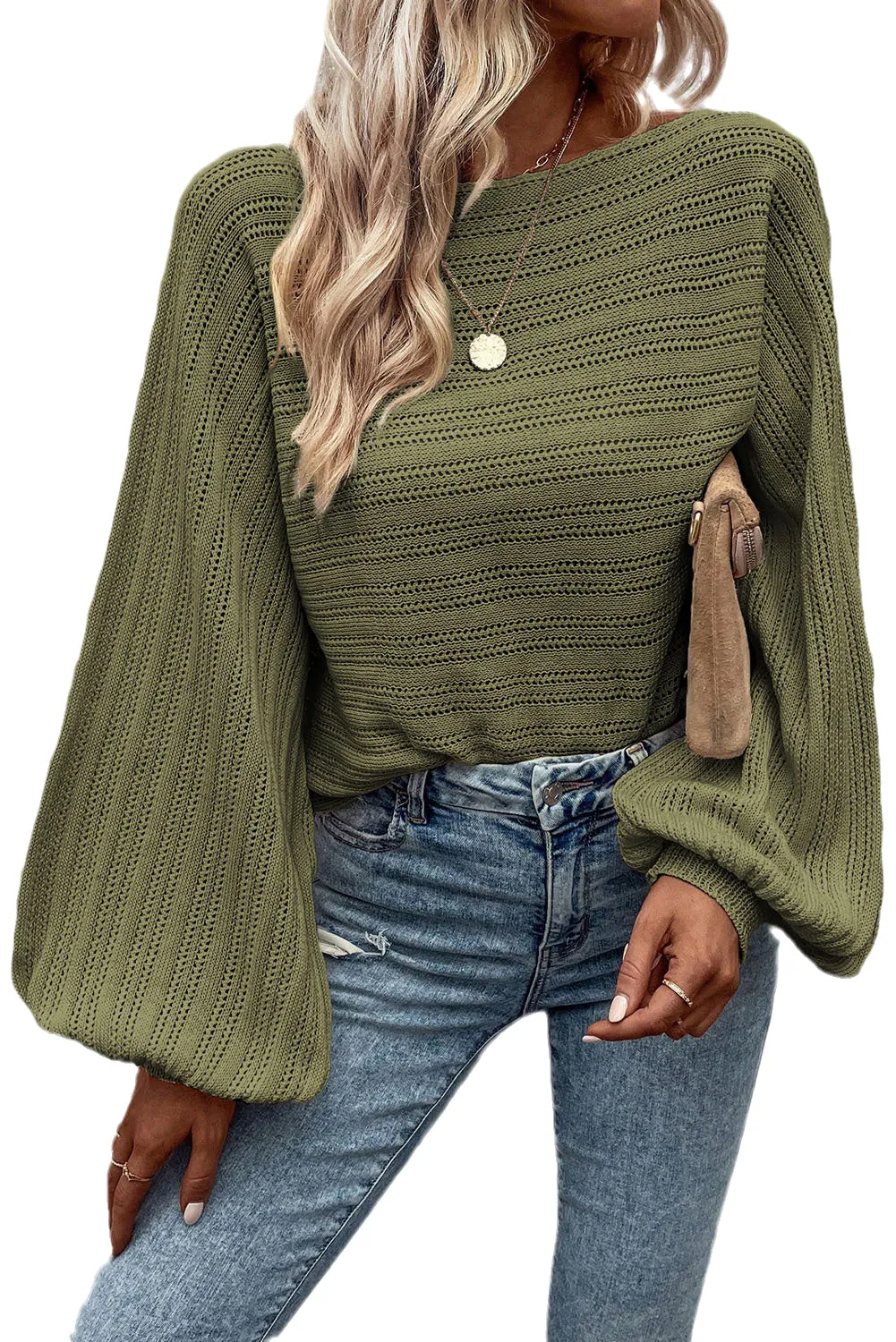 Pickle Green Apricot Lantern Sleeve Boat Neck Textured Knit Sweater