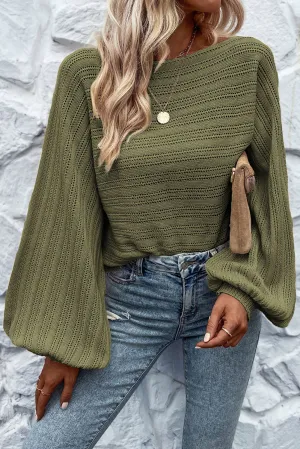 Pickle Green Apricot Lantern Sleeve Boat Neck Textured Knit Sweater