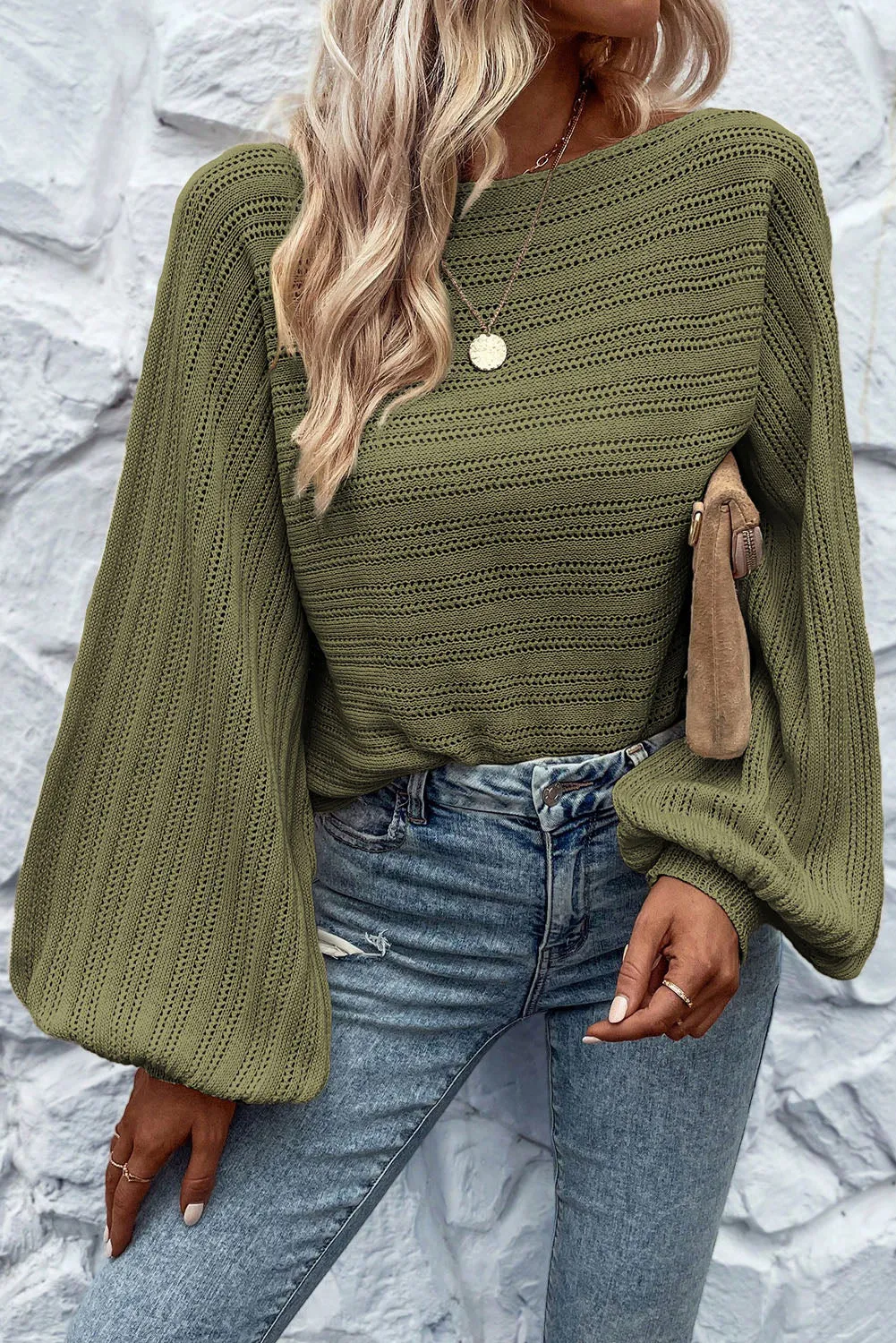 Pickle Green Apricot Lantern Sleeve Boat Neck Textured Knit Sweater