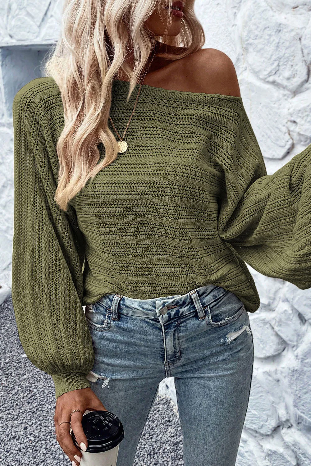 Pickle Green Apricot Lantern Sleeve Boat Neck Textured Knit Sweater