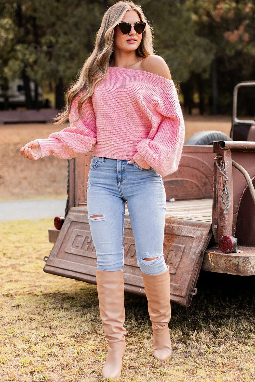 Pink Boat Neck Dolman Sleeve Sweater