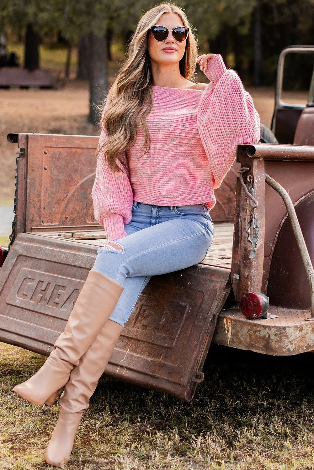 Pink Boat Neck Dolman Sleeve Sweater