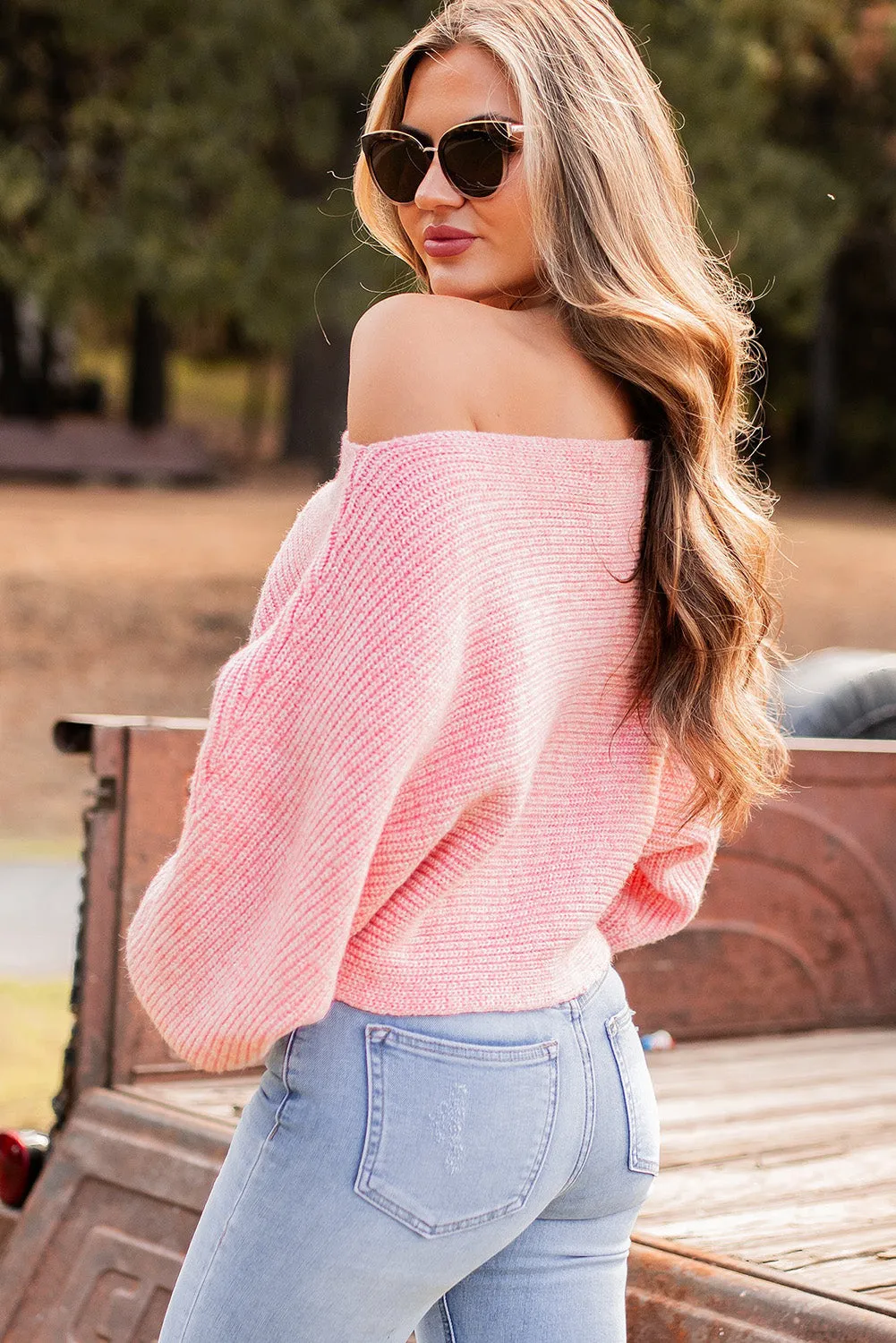 Pink Boat Neck Dolman Sleeve Sweater