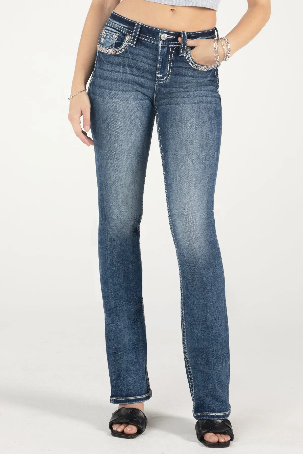 Pink Border Stitch Bootcut Jeans