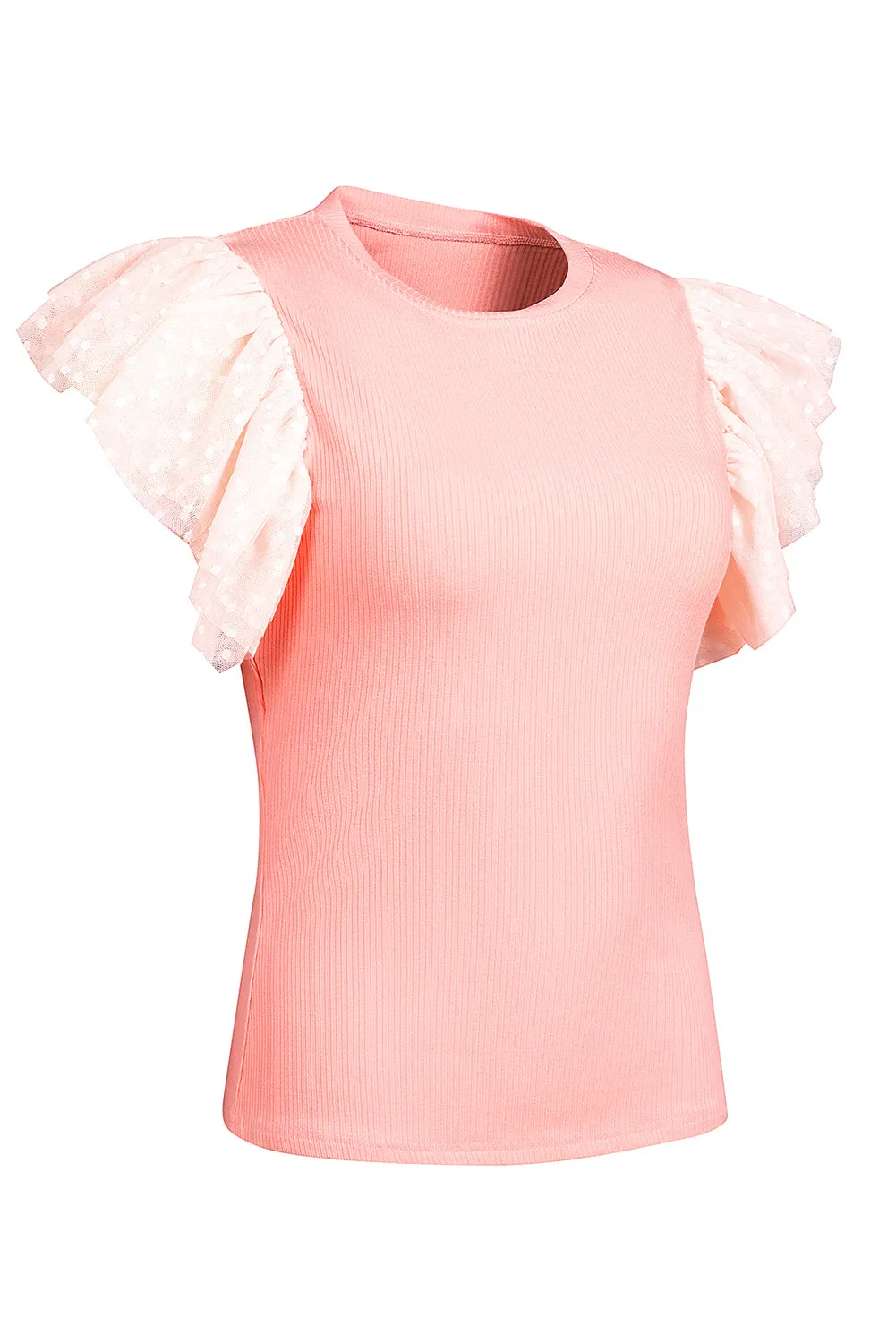 Pink Dot Mesh Ruffle Knit Top